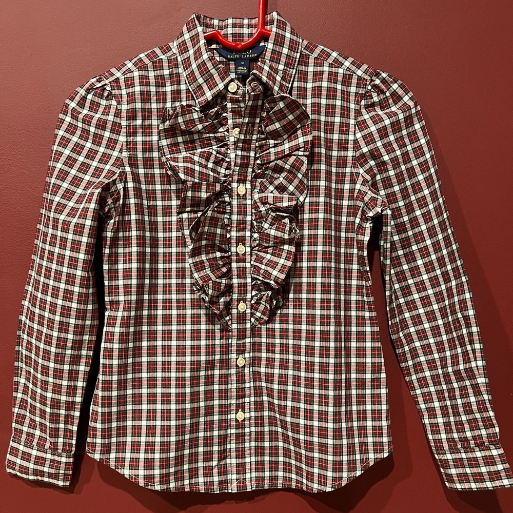 Polo Ralph Lauren Shirt Girls Size 10 Multicolor Long Sleeve Ruffled Plaid